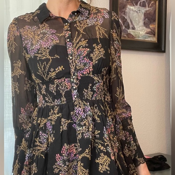 NWT Free People Sheer Layered Mini Dress Long Sleeves Collared Button Down - Picture 4 of 13